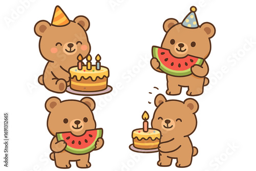 Cute cartoon bear character set celebrating a birthday party. Kawaii animals with cake, candles, and watermelon. Vector illustration collection for kids and holiday design.