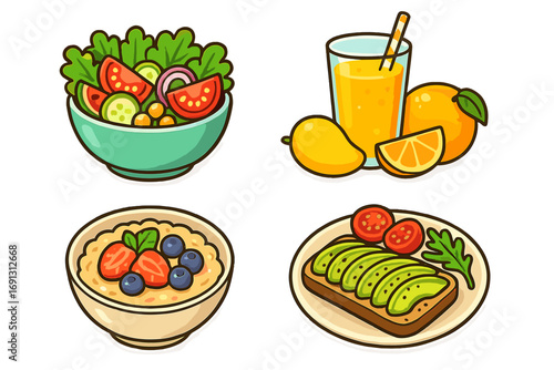Healthy food and breakfast icon set. Cartoon vector illustration collection of salad, oatmeal with berries, avocado toast and orange juice for a vibrant, healthy lifestyle and diet.