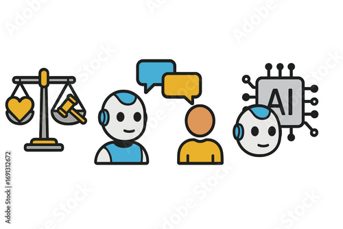 Artificial intelligence concepts icon set. AI ethics, law, and justice balance scale. Human-robot interaction, chatbot communication. Technology and machine learning chip.