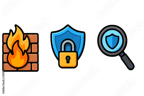 Cybersecurity icon set with firewall, security shield, and threat detection search symbol. Vector cartoon illustration for data protection, internet safety, and network security.