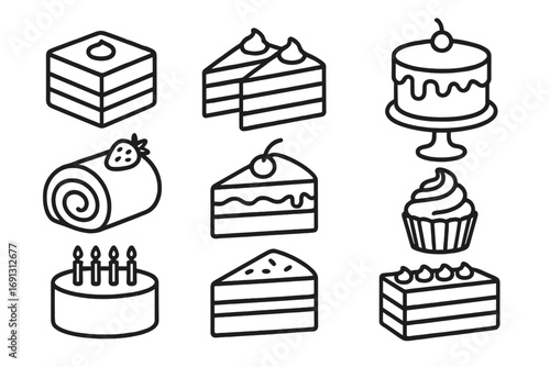 Cake and dessert vector line icon set. Collection of pastries and sweets for bakery or patisserie. Includes birthday cake, cupcake, slice, and roll. Simple editable stroke design.