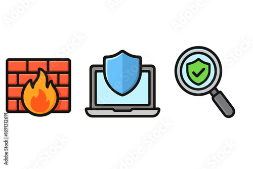 Cybersecurity vector icon set. Firewall, secure laptop, and safe search symbols. Digital protection, privacy, antivirus, and vpn concepts for network security. Cartoon style.