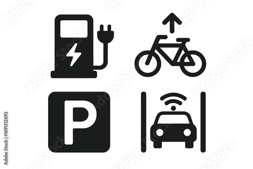 Transportation icons set with electric car charging station, bike sharing symbol, parking sign, and smart car technology. Vector graphic for EV, urban mobility, and transport.