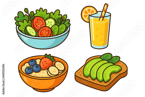 Healthy breakfast and lunch food set. Vector cartoon icons. Salad, avocado toast, oatmeal with berries, and fresh orange juice. Nutrition, diet, and wellness concept.