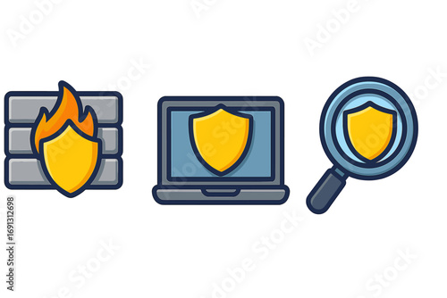 Cybersecurity icon set with firewall, VPN, and secure search symbols. Digital protection, antivirus, and data privacy concept. Vector cartoon illustration for internet safety.