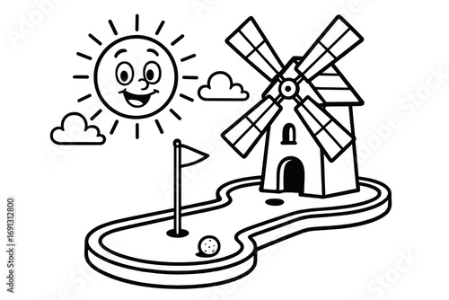 Mini golf course vector outline. Whimsical cartoon with windmill obstacle and happy sun. Black and white illustration for coloring book page. Fun leisure game or sport.