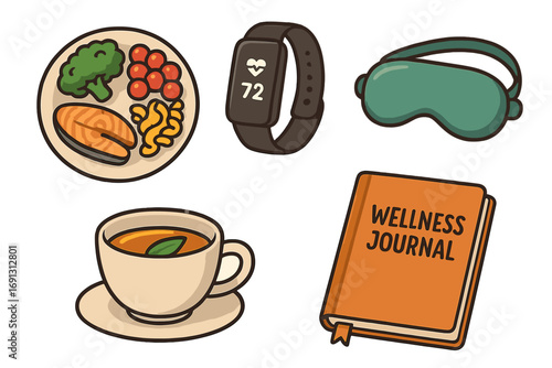 Healthy lifestyle elements icon set. Wellness routine with nutritious food, fitness tracker, sleep mask, herbal tea, and journal. Vector cartoon illustration for a self-care concept.