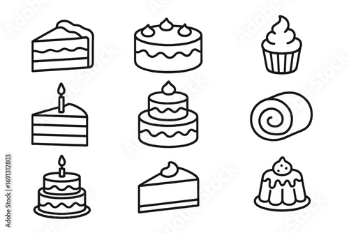 Cake line icon set. Various cakes and desserts collection. Pastry, sweet food symbols. Birthday, wedding cake, slice, cupcake, swiss roll. Vector outline illustration.