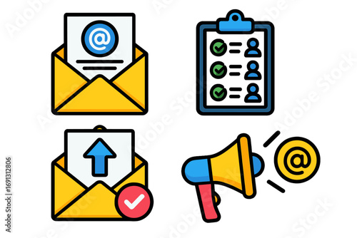 Email marketing icon set. Vector cartoon icons for newsletter campaign, subscriber list management, open rate tracking, and digital promotion. Business communication symbols.
