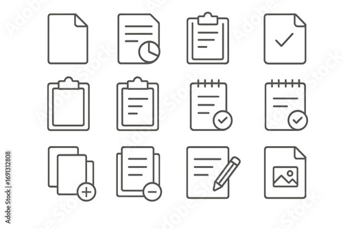 Business document thin line icon set with editable stroke. Icons for file management, data report, task analysis, checklist, and approved form. Vector paper and clipboard symbols.