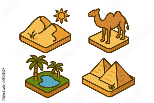 Isometric desert icons set vector cartoon collection. Includes camel, oasis with palm trees, Egyptian pyramids, sahara sand dunes and sun. Egypt travel adventure graphics.