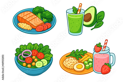 Healthy food meal prep set. Balanced diet nutrition concept. Salmon fish, salad bowl, green and fruit smoothie. Vector cartoon icon illustration for clean eating, wellness.