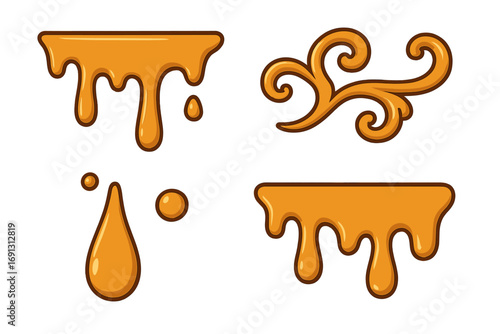 Caramel or honey drips vector set. Sweet syrup liquid drops and splashes. Decorative flowing borders, swirl ornament for dessert design. Cartoon food illustration elements.