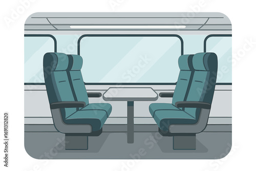 Modern train interior with empty seats and table. Public transport for travel, journey, or commute. Clean, minimalist railway carriage concept. Vector flat cartoon illustration.
