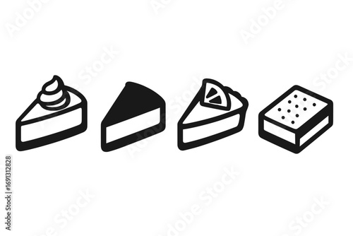 Dessert slice icon set. Solid glyph vector icons of cake, pie, and pastry. Cheesecake, chocolate tart, lemon pie, and dessert bar for bakery menu or patisserie design.