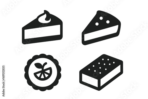 Dessert slice solid glyph icon set. Vector illustration of sweet food like cheesecake, pie slice, lemon tart, brownie bar. Bakery menu pictogram, patisserie cafe symbol.