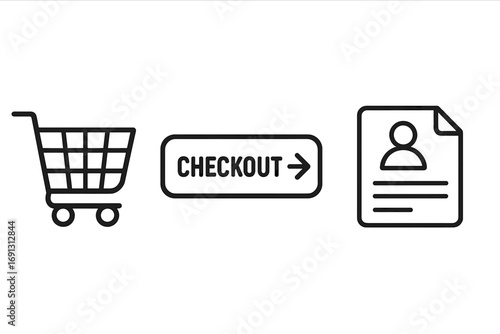E-commerce checkout process icon set. Vector linear symbols for online shopping with shopping cart, checkout button and billing address form. Minimalist UI UX web design.