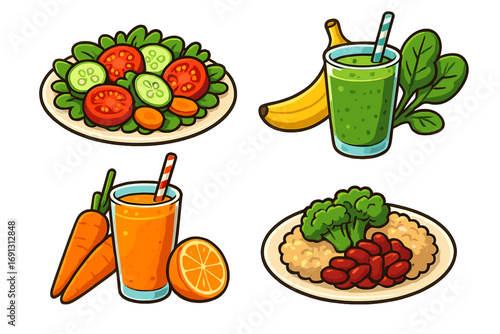 Healthy food set. Vegan meal collection. Vector cartoon icons of salad, green smoothie, juice, and rice with beans. Nutritious eating, diet, and detox concept illustration.