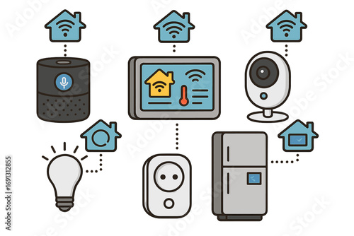 Smart home technology vector illustration with connected devices. Internet of Things (IoT) home automation system concept. Control panel, speaker, camera, light, plug, appliances.