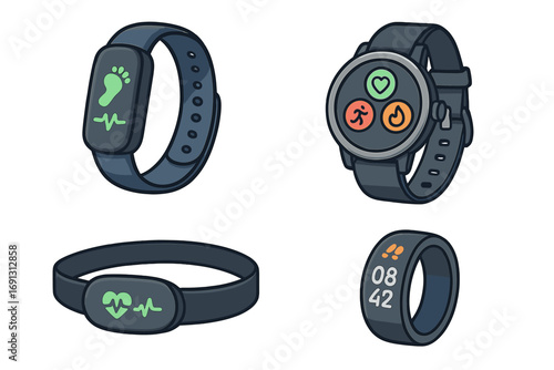 Smart health tracking devices vector set. Wearable technology collection with smartwatch, fitness band, smart ring, and chest strap for heart rate, steps, and activity tracking.