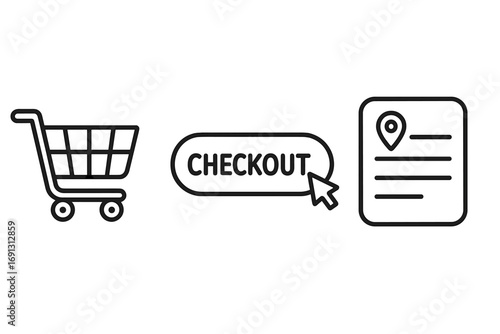 E-commerce outline icon set for checkout process. Vector illustration of shopping cart, buy button with cursor, and billing address form. Online shopping concept for web store UI.