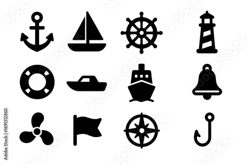 Nautical solid icon set collection. Marine and boating symbols. Sea travel, yachting, and navigation glyphs. Vector icons of anchor, ship, wheel, lighthouse, compass.