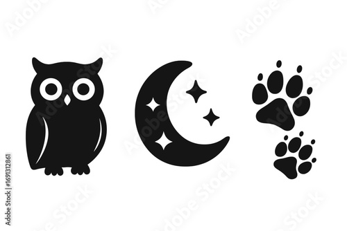 Mystical nature icon set with owl, moon, stars, and animal tracks. Simple silhouette design for boho, witchcraft or esoteric concepts. Vector cartoon wildlife symbols.