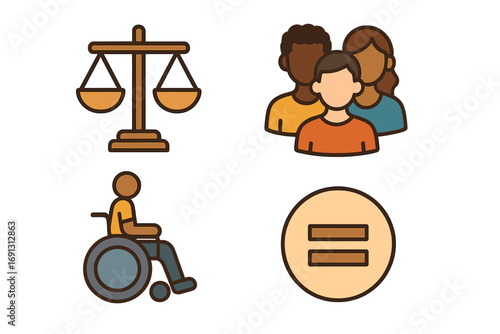 Inclusive icon set for justice, diversity, accessibility, equality. Vector DEIA symbols representing human rights, social issues, community, disability, and multiculturalism.