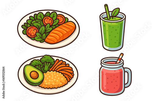 Healthy food collection with nutritious meals and detox smoothies. Vector cartoon icons of salmon salad, avocado bowl with quinoa, and fruit drinks for a wellness diet plan.