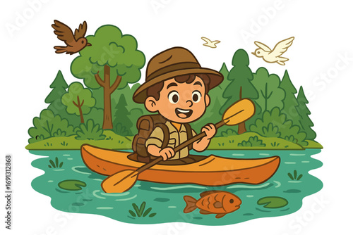 Young explorer boy kayaking on a river. Kid in a canoe on an outdoor adventure. Cute cartoon character in a scenic forest with birds and fish. Vector illustration for summer camp.