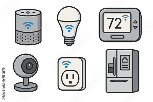Smart home devices icon set. IoT technology collection with speaker, lightbulb, thermostat, camera, plug, and refrigerator. Home automation and connectivity concept vector.