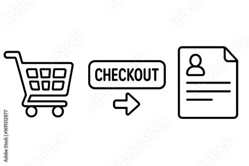 E-commerce checkout process vector icon set. Online shopping purchase flow. Thin line art graphic. Shopping cart, checkout button, billing address form for web UI UX design.