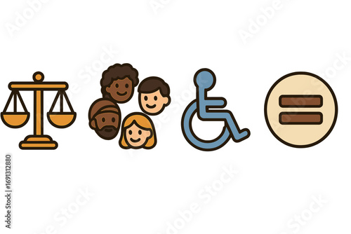 Justice, diversity, accessibility, and equality icon set. Vector symbols for inclusion, human rights, and social issues. Scales, multicultural faces, wheelchair logo, and equal sign.