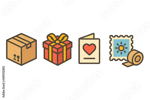Care package icon set for sending gifts. Isometric vector illustration of a cardboard box, present, greeting card with heart, postage stamp, and packing tape for delivery.