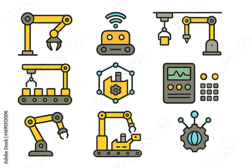 Industrial automation icons set with smart factory and robotics elements. Vector cartoon illustration of manufacturing process, robotic arm, conveyor belt, and industry 4.0 tech.
