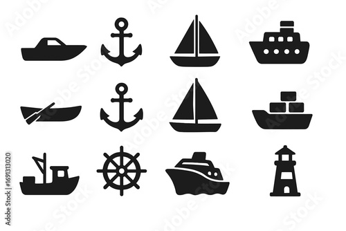 Big collection of nautical icons. Ship, boat, sailboat, cruise liner, cargo ship, fishing trawler, anchor, helm, and lighthouse silhouettes. Marine vector design elements.