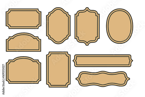 Set of vintage frames and retro labels. Collection of decorative border templates for signage and branding. Classic empty badge and banner elements in flat minimalist design.
