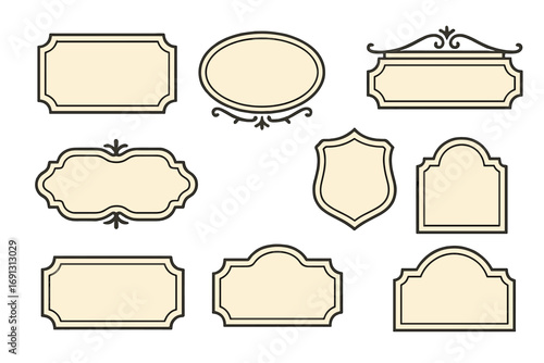 Vector set of decorative vintage frames and classic labels. Retro border templates for signage or elegant tags. Minimalist flat illustration with blank shield and oval shapes.