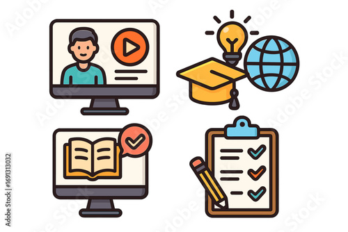 Online learning and e-learning icon set. Vector cartoon illustration of educational elements. Webinar, online course, global education, graduation, knowledge, test, exam icons.