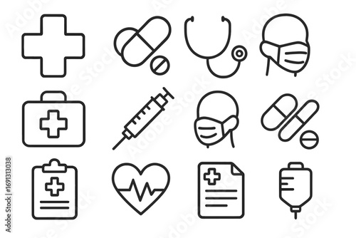 Set of medical line icons with editable stroke. Health care vector symbols for web and apps. Contains first aid kit, cross, pills, syringe, mask, stethoscope, cardiogram.