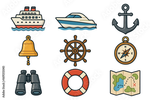 Nautical and maritime travel icon set. Cruise ship, yacht, anchor, helm, and compass symbols collection. Sea adventure and sailing boat elements. Vector cartoon illustration.