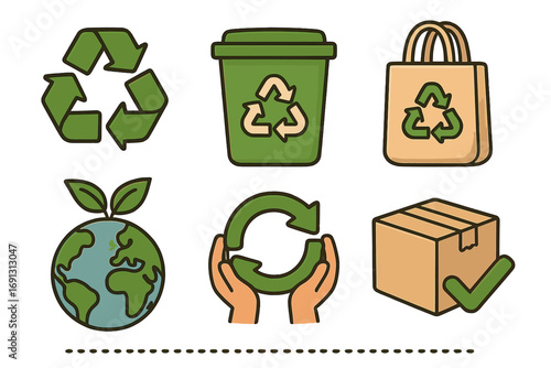 Recycling icon set. Sustainable practice. Waste reduction, environmental awareness. Eco friendly cartoon illustration. Zero waste concept. Green living. Ecology symbol pack.