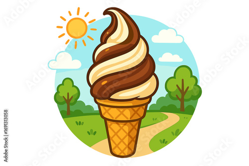 Soft serve ice cream cone with chocolate and vanilla swirl. Summer dessert in a sunny park. Sweet food snack concept. Delicious frozen treat vector cartoon illustration.