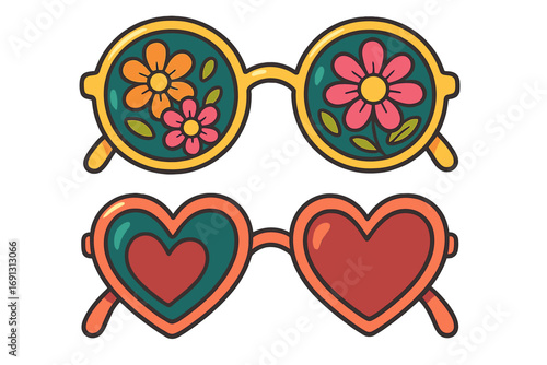 Retro summer sunglasses vector set, round floral pattern eyewear, heart-shaped love glasses, vibrant flower power, hipster accessories, trendy cartoon illustration, transparent background