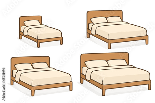 Set of different bed sizes. Single, double, queen, king. Minimalist wooden furniture for bedroom. Vector cartoon illustration for comfort and modern simple home interior design.