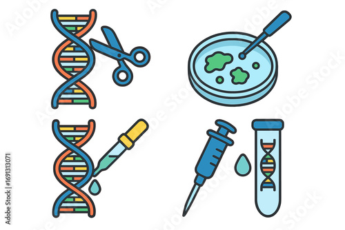 Gene editing icon set. DNA manipulation and CRISPR technology concepts. Genetic engineering and biotechnology research. Vector illustration of scissor, petri dish, syringe.