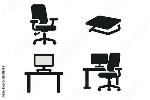 Ergonomics office icons. Workplace health and safety concept. Correct posture symbols. Set includes adjustable chair, desk, footrest, monitor stand. Vector silhouette.