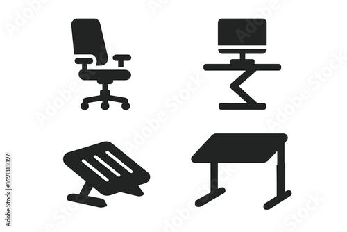 Ergonomic office furniture icon set. Solid vector icons of adjustable chair, standing desk, footrest, monitor stand. Workplace wellness and correct posture concept symbols.