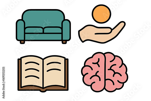 Mental health and psychology icon set. Therapy, counseling, brain, knowledge concepts. Vector icons of couch, support hand, open book, and mind symbol for wellness design.
