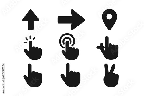 Navigation solid icon set for user interface design. UI UX vector graphic with hand gestures like click, tap, press, point, zoom. Pointer, cursor, arrow, location pin symbols.